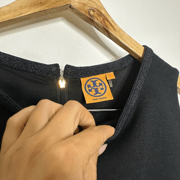 TORY BURCH Wool Sheath SEQUIN Dress Navy Blue black paneled womens s SMALL - Picture 4 of 8